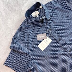 CON.STRUCT Mens Slim Fit Short Sleeve Button Down Shirt Navy Micro Dot Stretch M